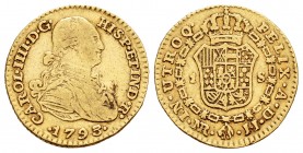 Charles IV (1788-1808). 1 escudo. 1793. Santa Fe de Nuevo Reino. (Cal 2008-568). (Restrepo-84.4). Au. 3,28 g. Scarce. Almost VF. Est...250,00.