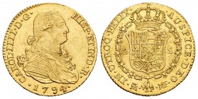 Charles IV (1788-1808). 2 escudos. 1794. Madrid. MF. (Cal 2008-328). Au. 6,71 g. Nick on edge. Almost XF. Est...280,00.