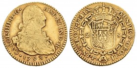 Charles IV (1788-1808). 2 escudos. 1793. Popayán. JF/SF. (Cal 2008-379). Au. 6,72 g. Very scarce. Choice F/Almost VF. Est...300,00.