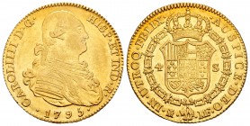 Charles IV (1788-1808). 4 escudos. 1795. Madrid. MF. (Cal 2008-204). Au. 13,35 g. Golpes en el canto. Almost XF. Est...675,00.
