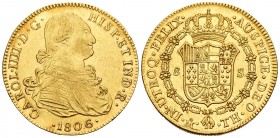 Charles IV (1788-1808). 8 escudos. 1806. México. TH. (Cal 2008-61). Au. 26,98 g. It retains some luster. XF. Est...1300,00.