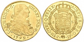 Charles IV (1788-1808). 8 escudos. 1792. Popayán. JF. (Cal 2008-70). (Cal onza-1052). Au. 27,03 g. Brillo original. Muy escasa en esta conservación. A...