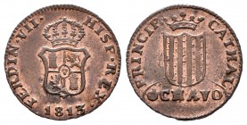 Ferdinand VII (1808-1833). 1 ochavo. 1813. Cataluña. (Cal 2008-1534). Ae. 1,54 g. EL 3 de la fecha recto. Pequeños restos de brillo original. Almost X...