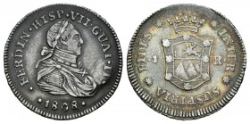 Ferdinand VII (1808-1833). Proclamación con valor 1 real. 1808. Guatemala. (Cal 2008-1108). Ag. 3,37 g. Sin iniciales del grabador. Muy escasa. Almost...