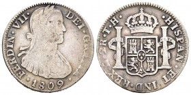 Ferdinand VII (1808-1833). 2 reales. 1809. México. TH. (Cal 2008-938). Ag. 6,61 g. Busto imaginario. Escasa. Choice F/Almost VF. Est...50,00.