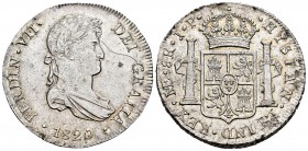 Ferdinand VII (1808-1833). 8 reales. 1820. Lima. JP. (Cal 2008-488). Ag. 26,71 g. Hojitas en reverso y rayita en anverso. Restos de brillo original. X...