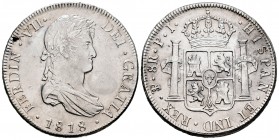 Ferdinand VII (1808-1833). 8 reales. 1818. Potosí. PJ. (Cal 2008-607). Ag. 26,60 g. Pequeño defecto de acuñación en anverso y mínimas oxidaciones. Cho...