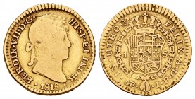 Ferdinand VII (1808-1833). 1 escudo. 1818. Lima. JP. (Cal 2008-288). Au. 3,23 g. Rare. Choice F/Almost VF. Est...400,00.