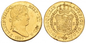 Ferdinand VII (1808-1833). 2 escudos. 1820. Madrid. GJ. (Cal 2008-217). Au. 6,75 g. Hojita en anverso. Restos de brillo original. XF. Est...320,00.