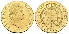Ferdinand VII (1808-1833). 2 escudos. 1829. Madrid. AJ. (Cal 2008-226). Au. 6,76 g. Restos de brillo original. XF. Est...500,00.
