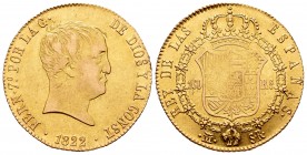 Ferdinand VII (1808-1833). 160 reales. 1822. Madrid. SR. (Cal 2008-153). Au. 13,54 g.  Tipo" cabezón". Vano en reverso y canto liso a las 9h. Escasa. ...