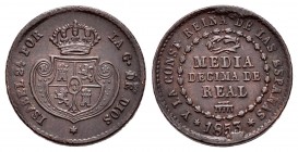 Elizabeth II (1833-1868). 1/2 décima de real. 1853. Segovia. (Cal 2008-586). Ae. 1,90 g. Choice VF. Est...30,00.