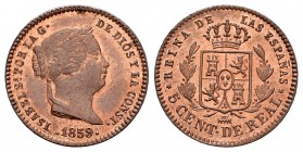 Elizabeth II (1833-1868). 5 céntimos de real. 1859. Segovia. (Cal 2008-616). Ae. 1,82 g. Original luster. AU/UNC. Est...80,00.