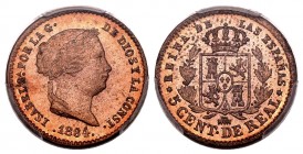 Elizabeth II (1833-1868). 5 céntimos de real. 1864. Segovia. (Cal 2008-621). Ae. Encapsulada por PCGS como MS64 RD. Est...150,00.