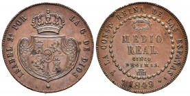 Elizabeth II (1833-1868). 1/2 real. 1849. Segovia. (Cal 2008-574). Ae. 18,55 g. Marcas. Buen ejemplar. Muy rara. AU. Est...600,00.