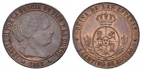 Elizabeth II (1833-1868). 1 céntimo de escudo. 1867. Barcelona. OM. (Cal 2008-654). Ae. 2,47 g. XF. Est...18,00.