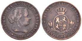 Elizabeth II (1833-1868). 2 1/2 céntimos de escudo. 1866. Barcelona. Sin OM. (Cal 2008-638). Ae. 6,16 g. Choice F. Est...20,00.