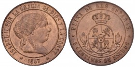 Elizabeth II (1833-1868). 5 céntimos de escudo. 1867. Barcelona. OM. (Cal 2008-624). Ag. 12,05 g. AU. Est...110,00.