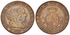 Elizabeth II (1833-1868). 5 céntimos de escudo. 1867. Barcelona. OM. Ae. 13,27 g. Isabel II (1833-1868). 5 céntimos de escudo. 1867. Barcelona. OM. Ae...