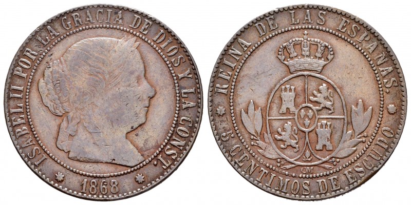 Elizabeth II (1833-1868). 5 céntimos de escudo. 1868. Barcelona. OM. (Cal 2008-6...