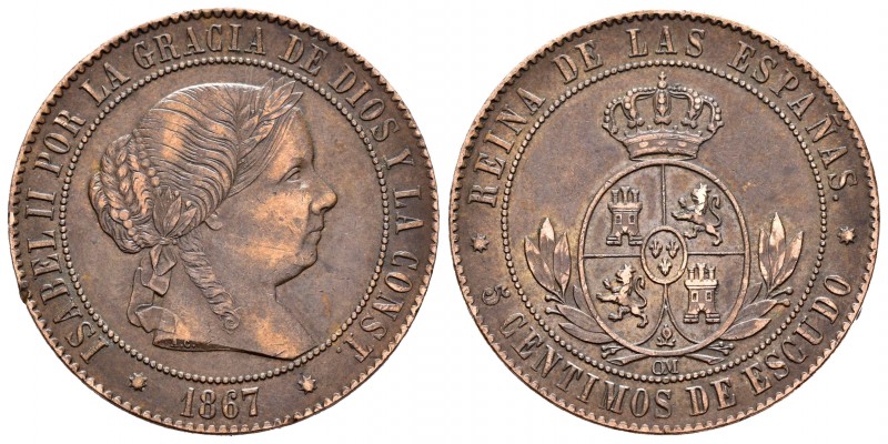 Elizabeth II (1833-1868). 5 céntimos de escudo. 1867. Sevilla. OM. (Cal 2008-634...