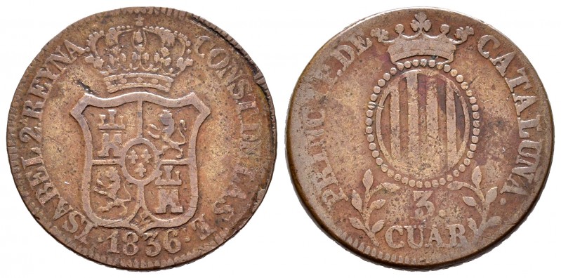 Elizabeth II (1833-1868). 3 cuartos. 1836. Barcelona. (Cal 2008-703). Ae. 7,12 g...