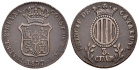 Elizabeth II (1833-1868). 3 cuartos. 1837. Barcelona. (Cal 2008-704 variante). Ae. 7,53 g. Letras CUAR pequeñas. VF. Est...35,00.
