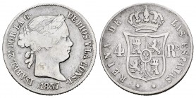 Elizabeth II (1833-1868). 4 reales. 1857. Sevilla. (Cal 2008-327). Ag. 4,95 g. Scarce. Choice F. Est...90,00.
