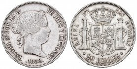 Elizabeth II (1833-1868). 20 reales. 1858. Madrid. CR. (Cal 2008-180). Ag. 25,79 g. Rayas y golpes en el canto. VF. Est...110,00.
