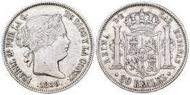 Elizabeth II (1833-1868). 20 reales. 1859. Madrid. (Cal 2008-181). Ag. 25,75 g. Almost VF/VF. Est...125,00.