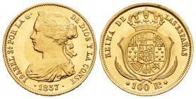 Elizabeth II (1833-1868). 100 reales. 1857. Madrid. (Cal 2008-22). Au. 8,34 g. Trazas de haber estado en aro. Rara. AU. Est...500,00.