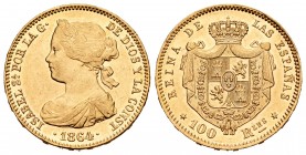 Elizabeth II (1833-1868). 100 reales. 1864. Madrid. (Cal 2008-29). Au. 8,59 g. Original luster. AU. Est...350,00.