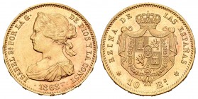 Elizabeth II (1833-1868). 10 escudos. 1868*18-68. Madrid. (Cal 2008-47). Au. 8,35 g.  Hojita en anverso. XF. Est...375,00.