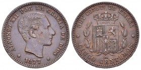 Alfonso XII (1874-1885). 5 céntimos. 1877. Barcelona. OM. (Cal 2008-71). Ae. 4,99 g. Choice VF. Est...25,00.