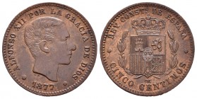 Alfonso XII (1874-1885). 5 céntimos. 1877. Barcelona. OM. (Cal 2008-71). Ae. 4,94 g. Choice VF. Est...30,00.