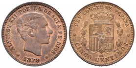 Alfonso XII (1874-1885). 5 céntimos. 1879. Barcelona. OM. (Cal 2008-73). Ae. 4,93 g. Original luster. Almost UNC. Est...200,00.