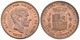 Alfonso XII (1874-1885). 5 céntimos. 1879. Barcelona. OM. (Cal 2008-73). Ae. 4,93 g. Gran parte de brillo original. Almost UNC. Est...160,00.