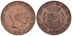 Alfonso XII (1874-1885). 10 céntimos. 1878. Barcelona. OM. (Cal 2008-68). Ae. 9,84 g. Hojas. Choice VF. Est...25,00.