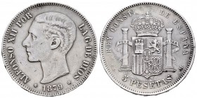 Alfonso XII (1874-1885). 5 pesetas. 1879*18-79. Madrid. EMM. (Cal 2008-31). Ag. 24,76 g. Almost VF. Est...25,00.