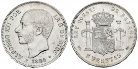 Alfonso XII (1874-1885). 5 pesetas. 1884*18-84. Madrid. MSM. (Cal 2008-39). Ag. 24,90 g. Buen ejemplar. Brillo original. AU/Almost UNC. Est...350,00.