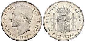 Alfonso XII (1874-1885). 5 pesetas. 1885*18-87. Madrid. MSM. (Cal 2008-42). Ag. 24,84 g. Edge nicks. Original luster. AU. Est...400,00.