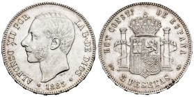 Alfonso XII (1874-1885). 5 pesetas. 1885*18-87. Madrid. MSM. (Cal 2008-42). Ag. 24,95 g. It retains some luster. XF. Est...160,00.