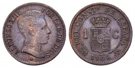 Alfonso XIII (1886-1931). 1 céntimo. 1906*6. Madrid. SMV. (Cal 2008-76). Ae. 1,00 g. Rare. XF/Almost XF. Est...400,00.