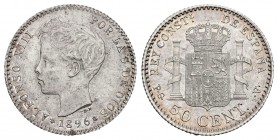 Alfonso XIII (1886-1931). 50 céntimos. 1896*9-6. Madrid. PGV. (Cal 2008-59). Ag. 2,47 g. Scarce in this grade. Almost UNC. Est...160,00.