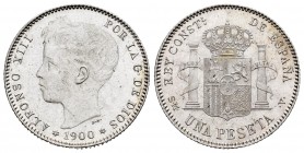 Alfonso XIII (1886-1931). 1 peseta. 1900*19-00. Madrid. SMV. (Cal 2008-44). Ag. 5,01 g. Original luster. Almost UNC. Est...60,00.