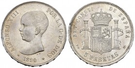 Alfonso XIII (1886-1931). 5 pesetas. 1890*18-90. Madrid. PGM. (Cal 2008-16). Ag. 24,86 g. Original luster. Scarce in this condition. AU. Est...300,00.
