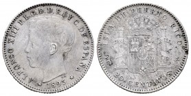 Alfonso XIII (1886-1931). 20 centavos. 1895. Puerto Rico. PGV. (Cal 2008-84). Ag. 4,91 g. Prueba en el canto. Escasa. Choice VF. Est...80,00.