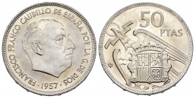 Estado Español (1936-1975). 50 pesetas. 1957*71. Madrid. (Cal 2008-24). 12,51 g. UNC. Est...25,00.