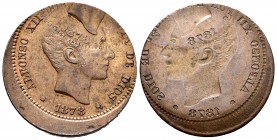 Alfonso XII (1874-1885). 10,07 g. Curioro error de acuñación en módulo de 10 céntimos de 1878 de Barcelona, en anverso doble acuñación y en reverso ac...