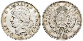 Argentina. 1 peso. 1882. (Km-529). Ag. 24,98 g. Slightly cleaned. Scarce. Almost XF. Est...220,00.